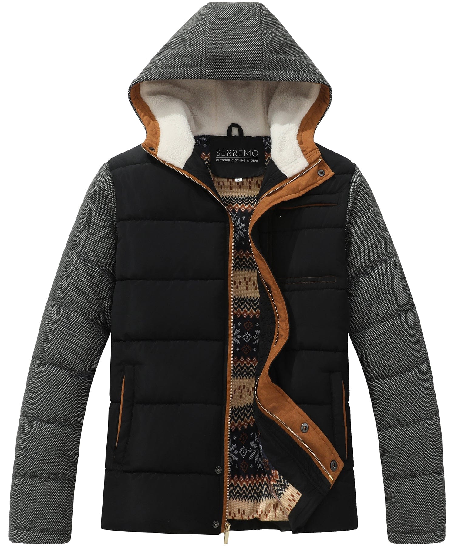 Men's olive hooded puffer jacket regular fit with quilted exterior and plush sherpa lining