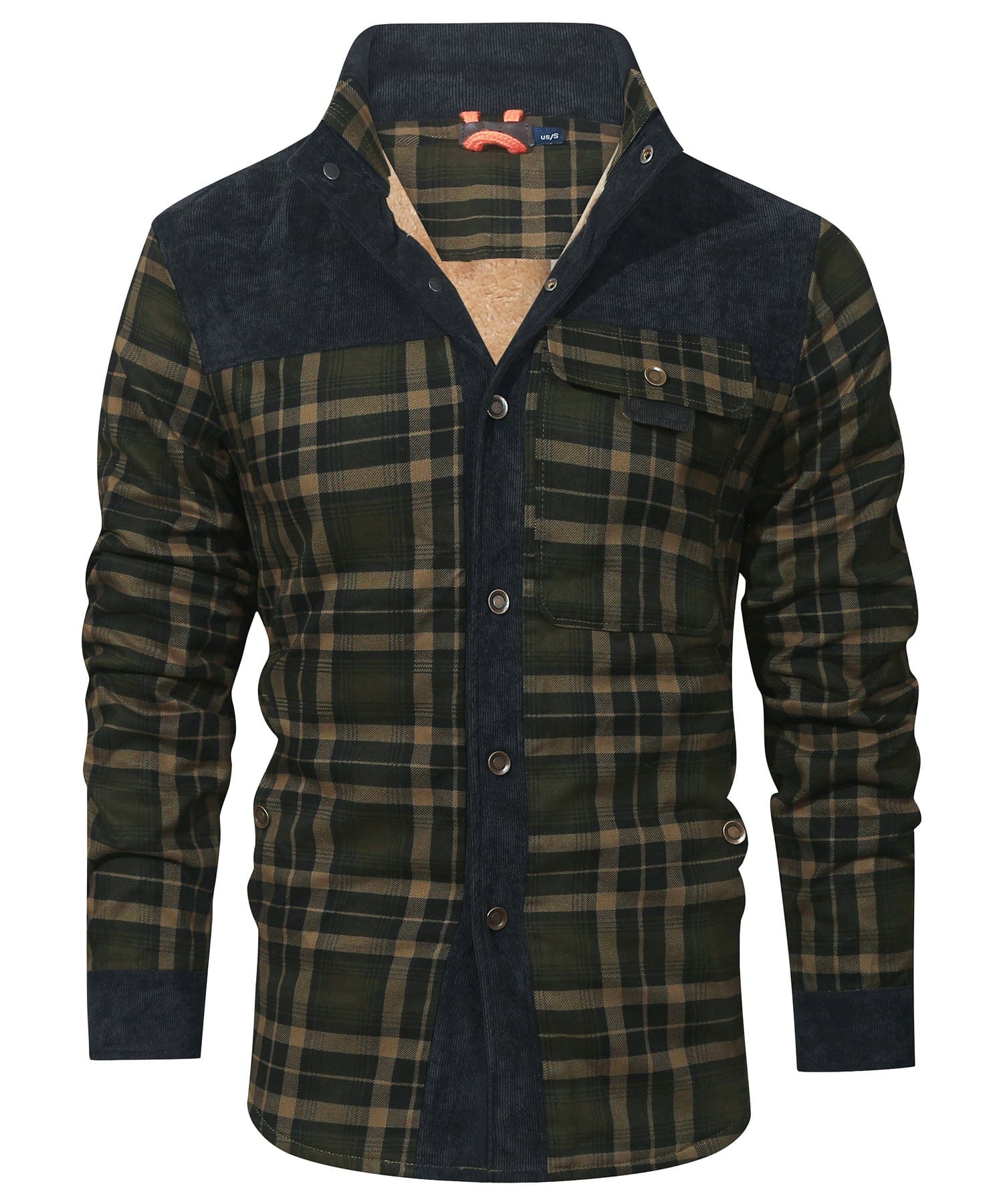 Men's checkered winter jacket with button closure and warm inner lining, classic outdoor style