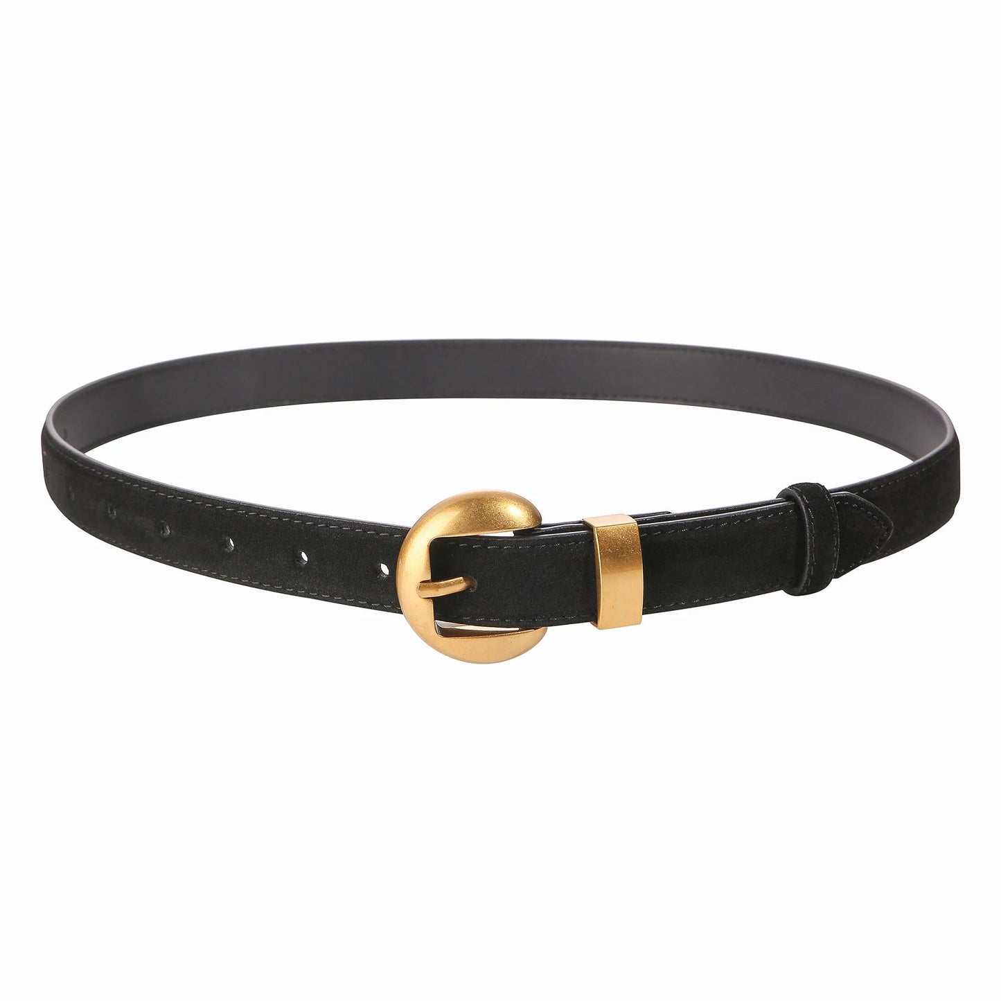 Women's brown suede cinch belt full-grain leather with brushed gold oval buckle, denim style