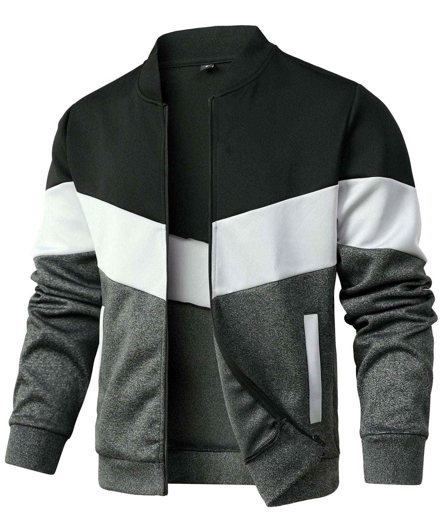 Men's color block hip-length bomber jacket with zip front, ribbed collar, and casual regular fit
