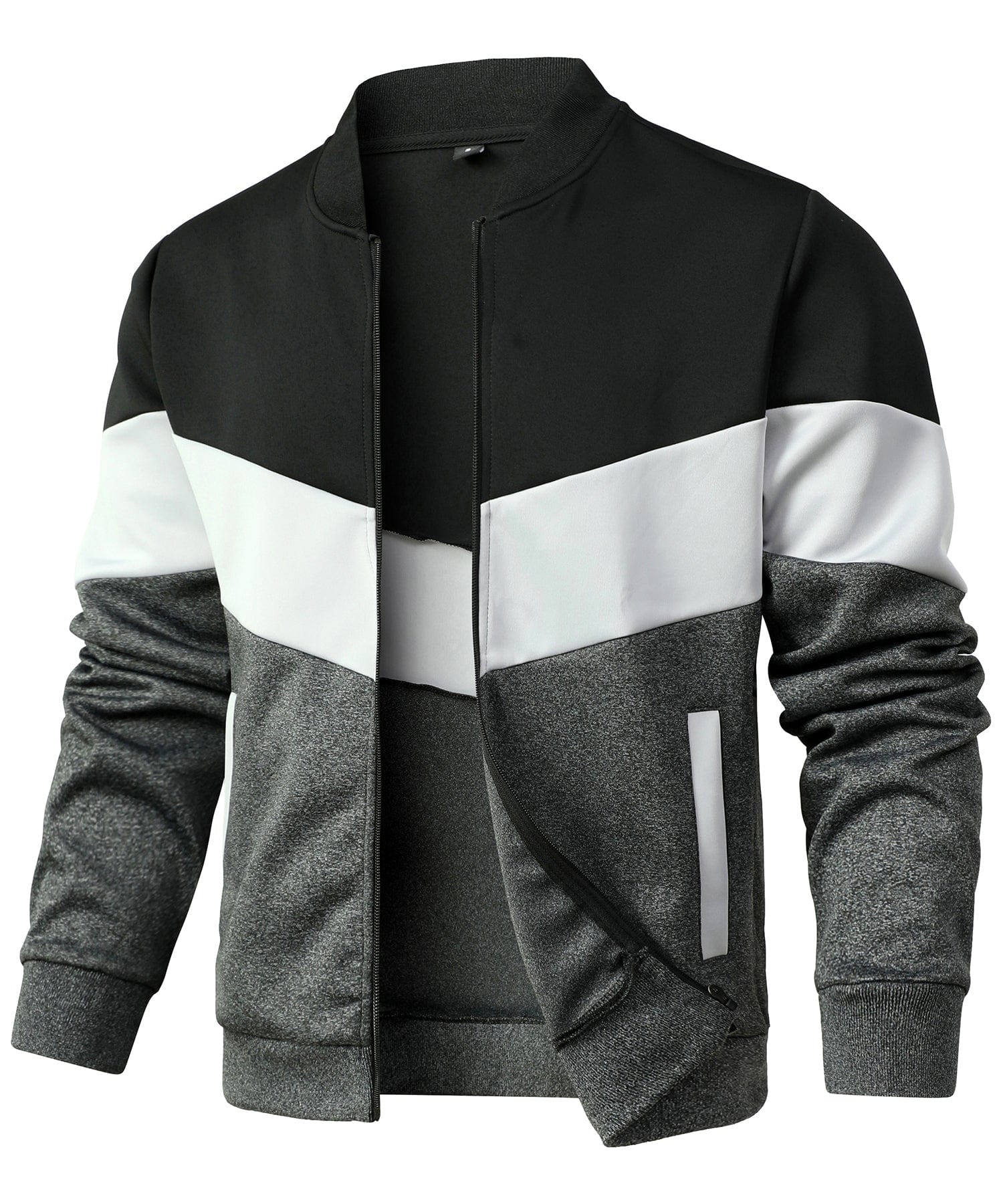 Men's color block hip-length bomber jacket with zip front, ribbed collar, and casual regular fit