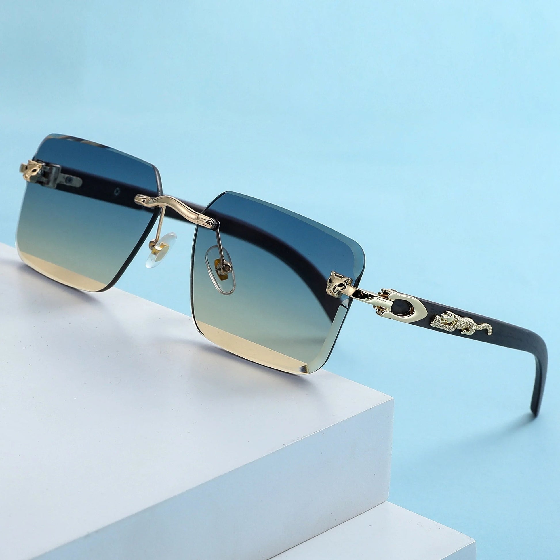 Rimless square sunglasses gradient lenses UV400 unisex gold panther arm accents bold precision