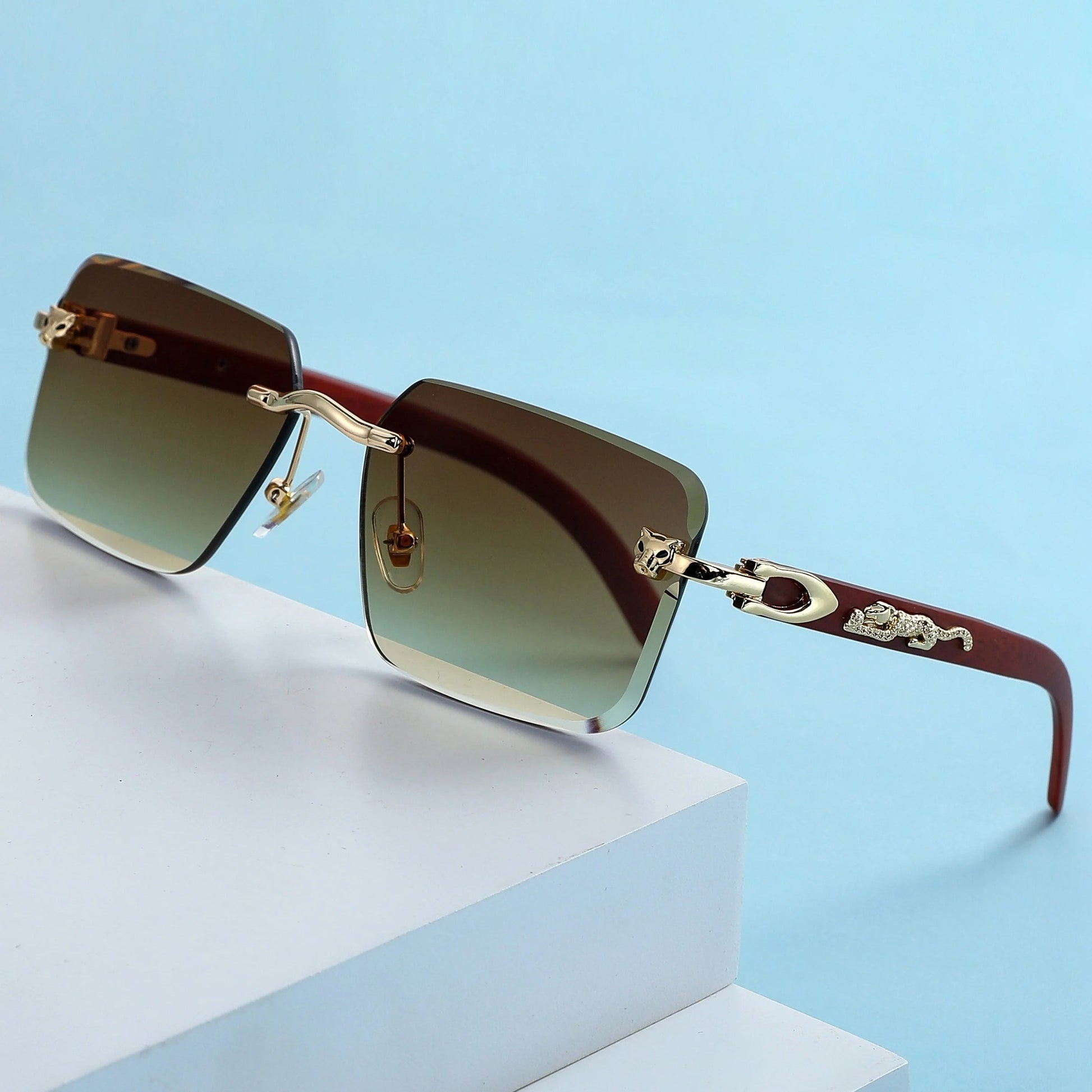 Rimless square sunglasses gradient lenses UV400 unisex gold panther arm accents bold precision