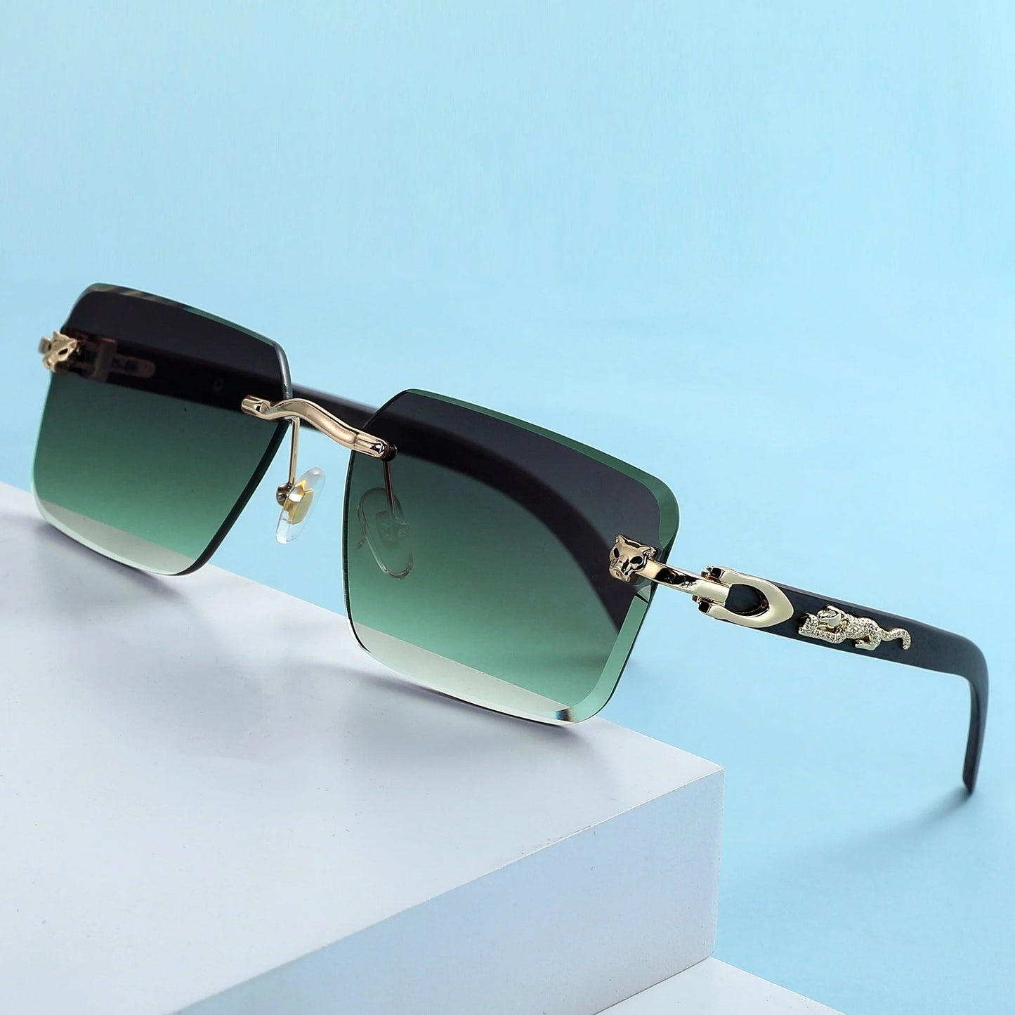 Rimless square sunglasses gradient lenses UV400 unisex gold panther arm accents bold style