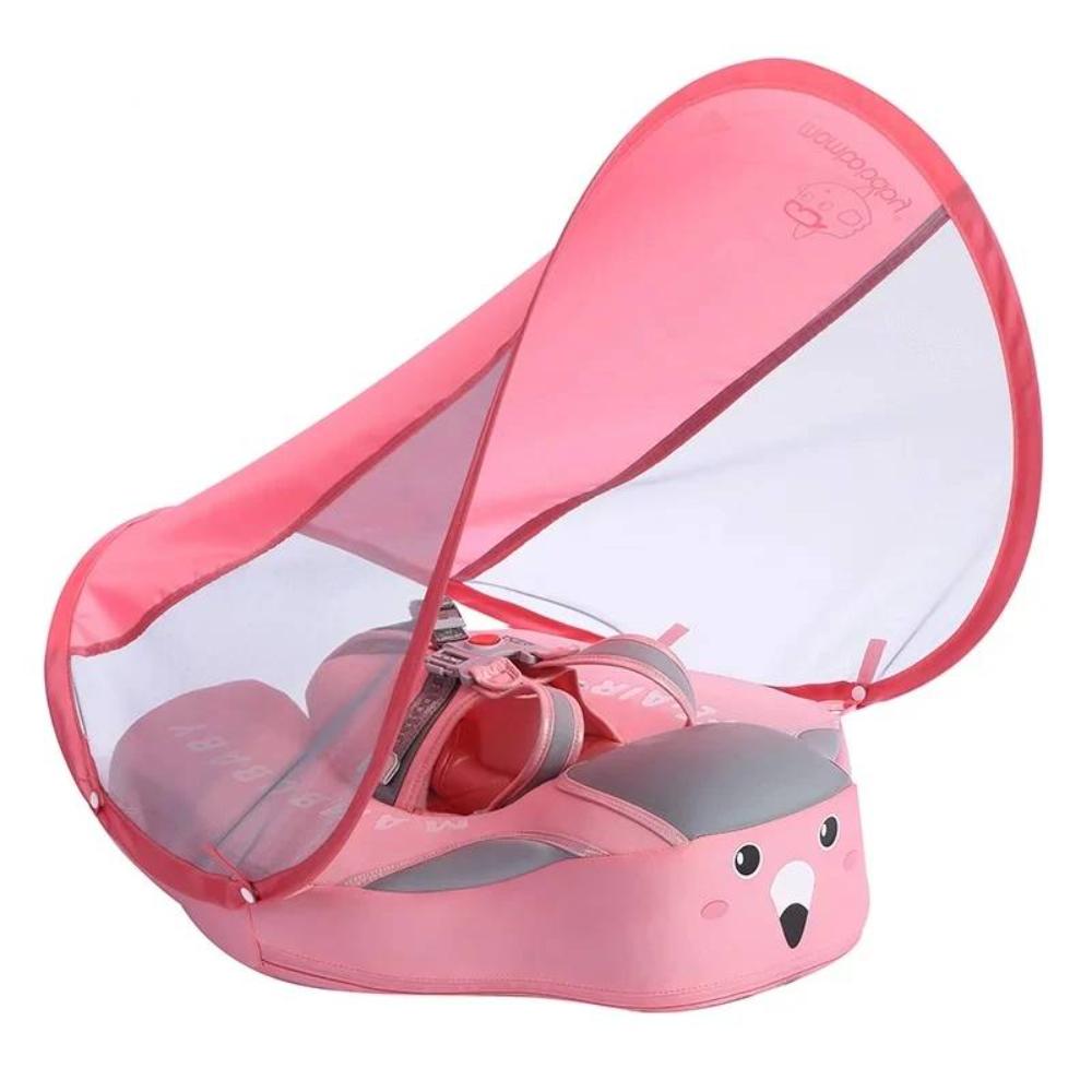Baby swim float with UPF sunshade canopy for toddlers 3-24 months, adjustable harness, quick-dry foam