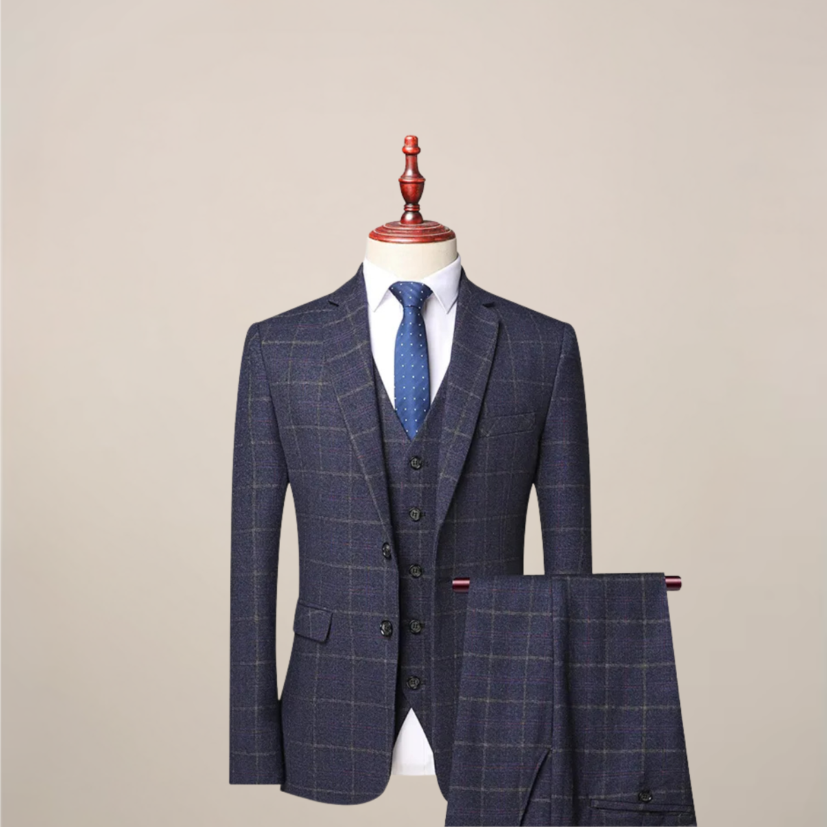 Men's navy slim fit three-piece suit with single-breasted blazer, waistcoat, and tailored trousers