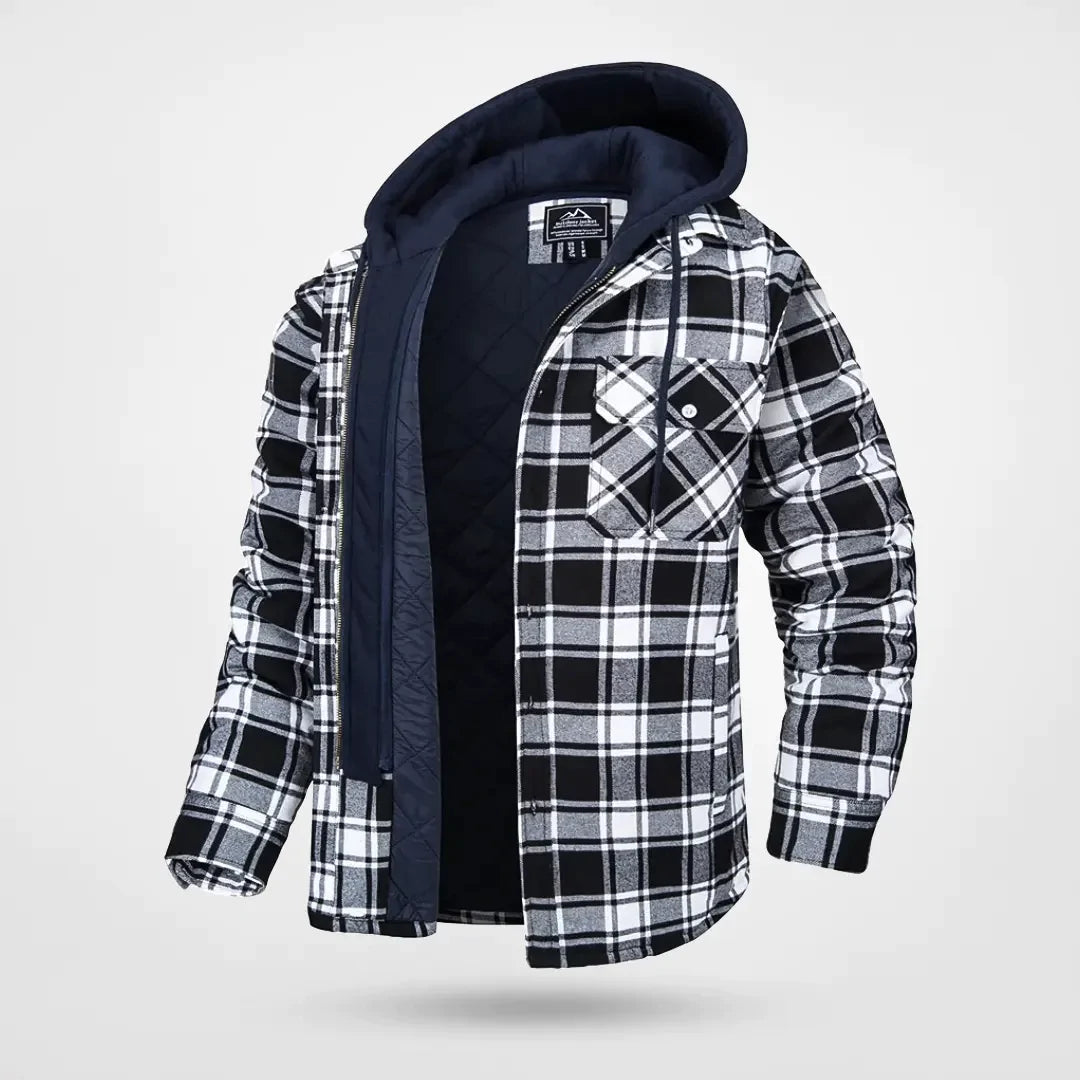Men's hooded checkered jacket with warm quilted inner layer and classic plaid button placket