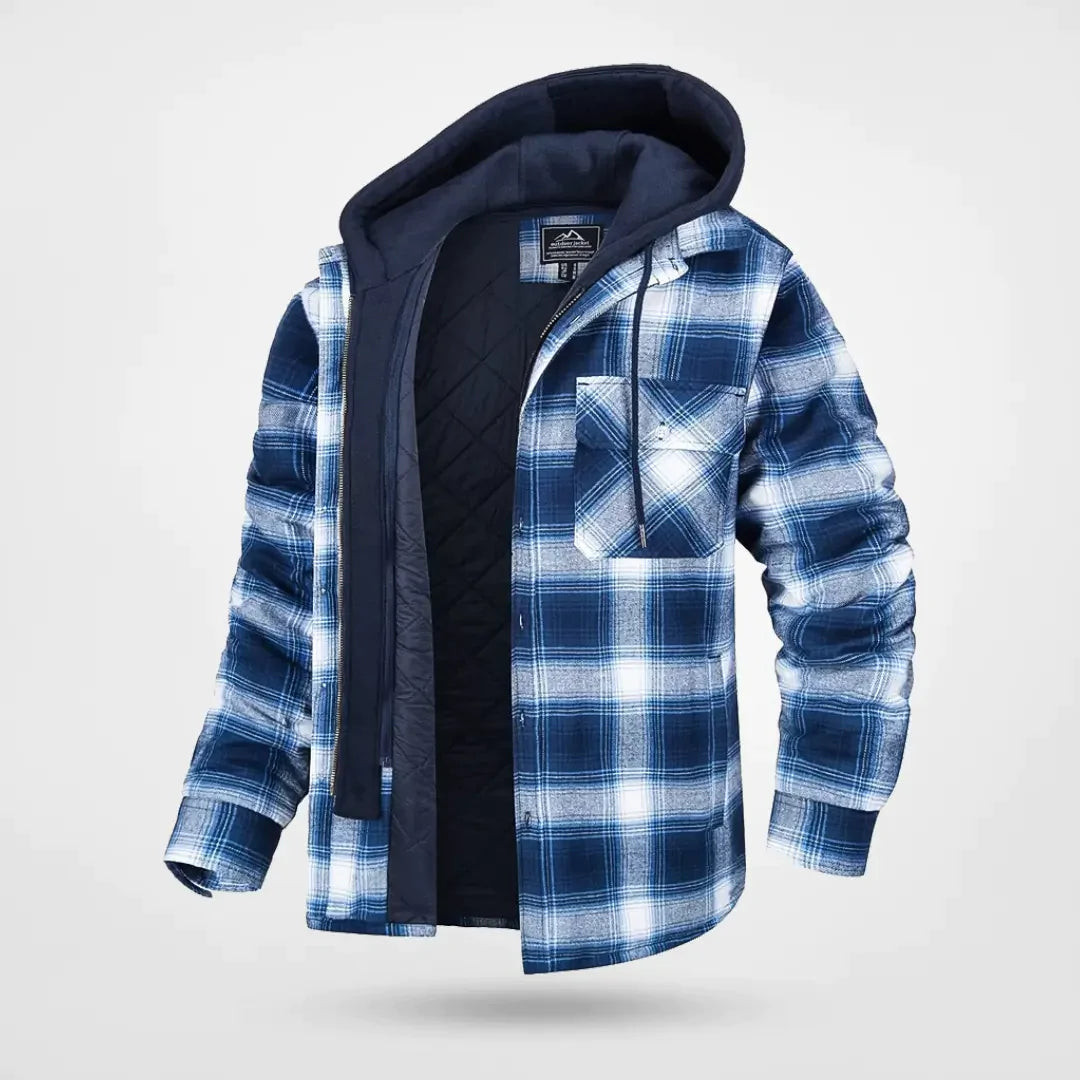 Men's hooded checkered jacket with quilted inner layer, classic plaid pattern and button placket