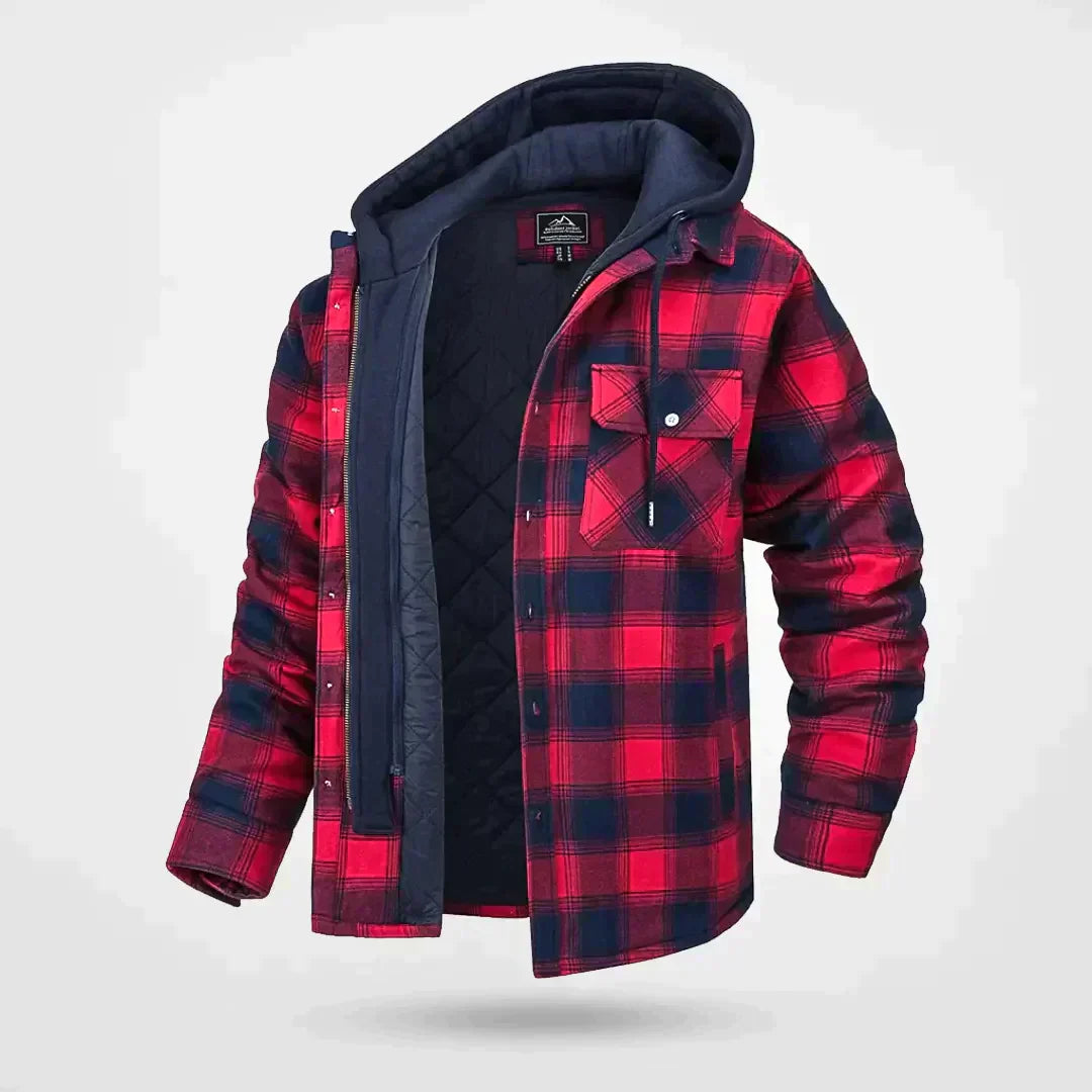 Men's hooded checkered jacket with warm quilted inner layer and classic button placket closure