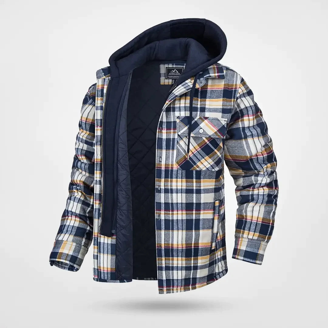 Men's hooded checkered jacket with warm quilted inner layer and button placket closure