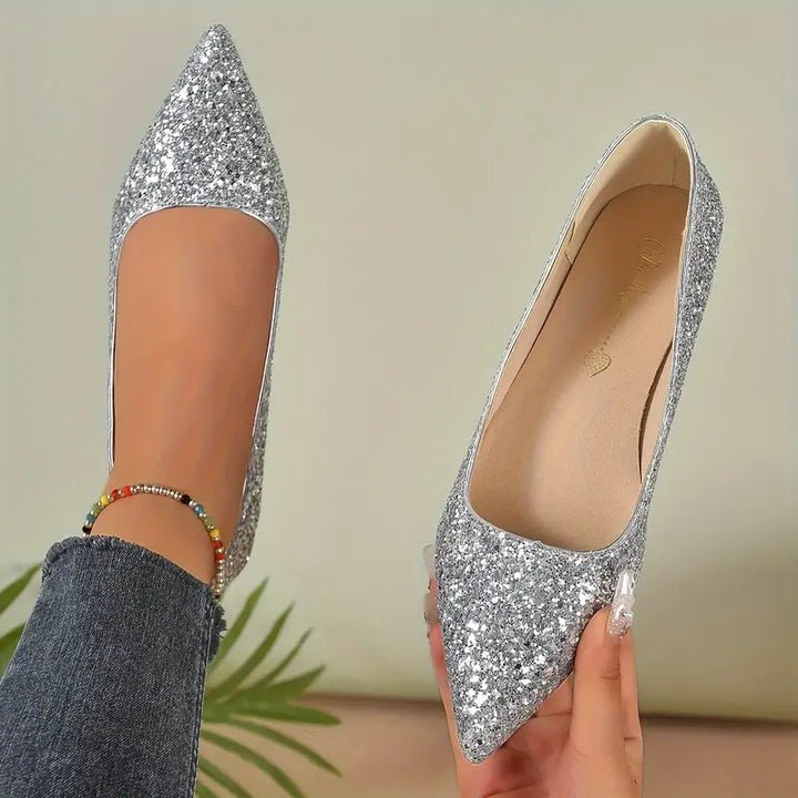 Women's silver glitter pointed toe block heel flats with festive finish for party glam