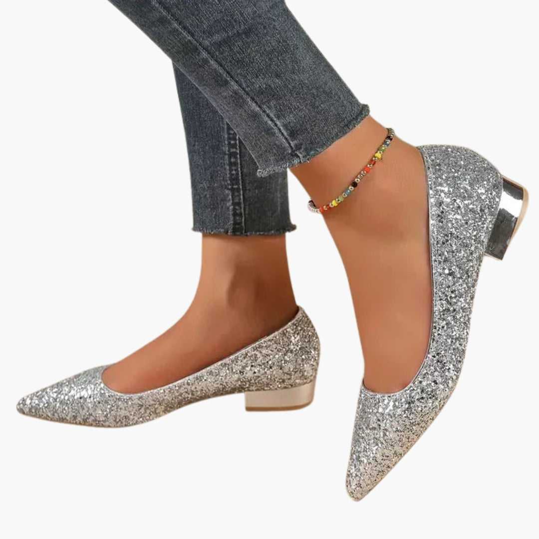 Women's silver glitter pointed toe ballerinas with small block heel and sequin slip-on upper