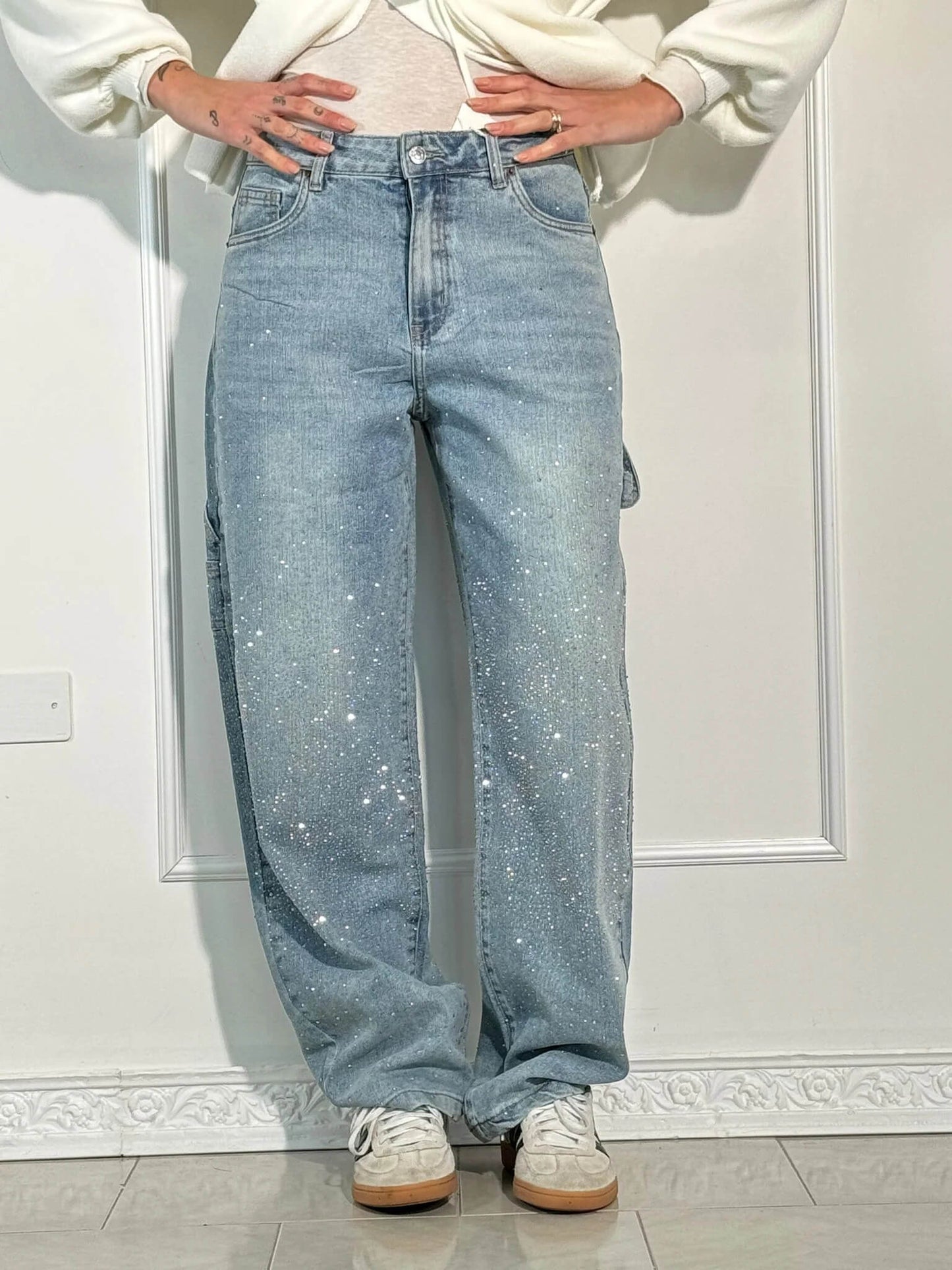 Women's shiny balloon carpenter jeans relaxed fit bold jewel-embellished denim sparkle utility style