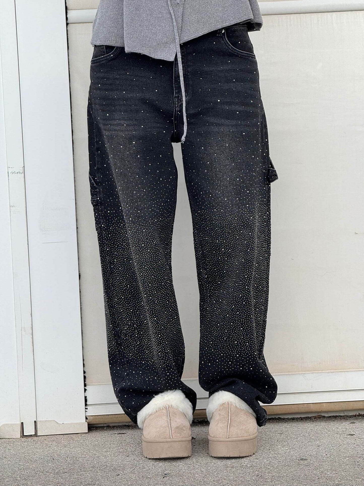 Women's shiny balloon carpenter jeans relaxed fit sparkling jewel-finish bold denim with utility details
