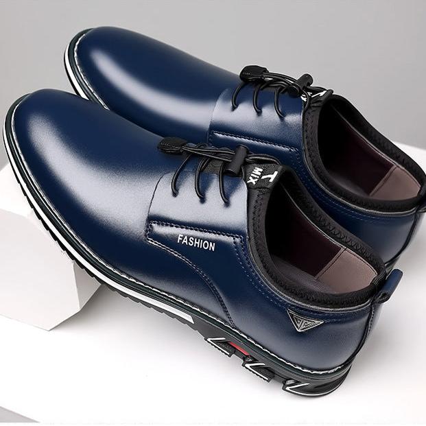 Men's black glossy dress sneakers with sporty lace-loop detail and cushioned insole by Urbann-Vibe
