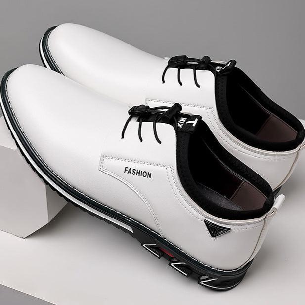 Men's black glossy dress sneakers with sporty lace-loop detail and cushioned insole by Urbann-Vibe