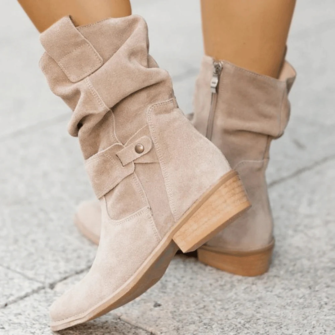 Women's brown suede slouchy ankle boots with block heel and gold buckle detail for all seasons