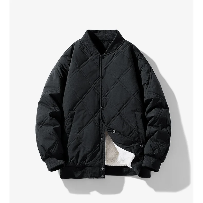 Black quilted bomber jacket with plush fleece lining, structured silhouette for cold-weather streetwear