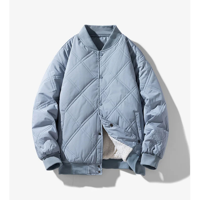 Black quilted bomber jacket with plush fleece lining, structured fit for cold-weather streetwear