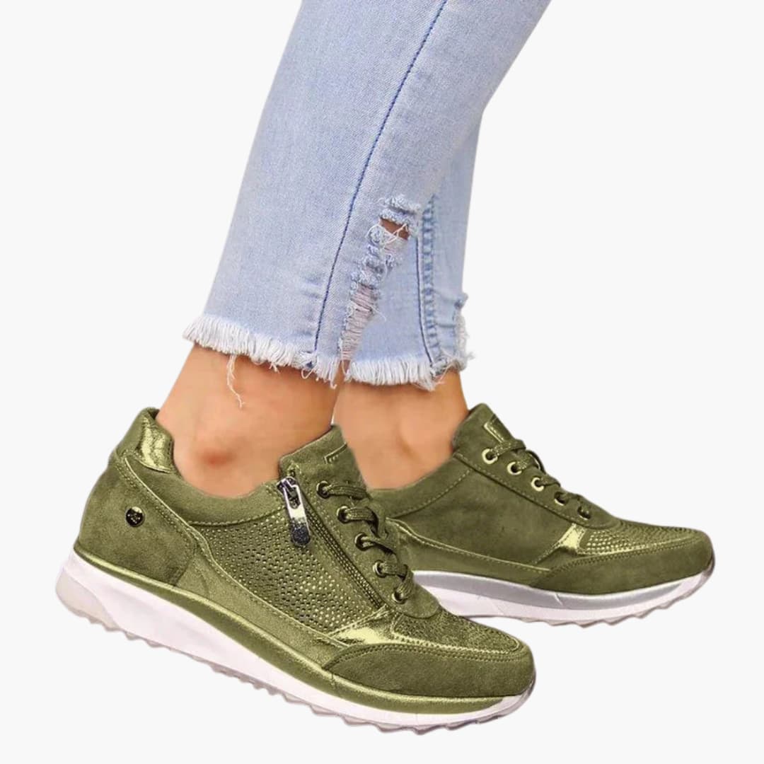 Women's lace-up sneakers with side zip, textured perforated upper, durable outsole, easy on-off