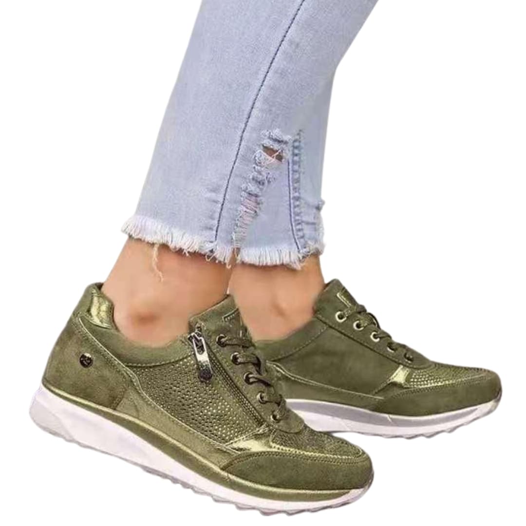 Women's white lace-up sneakers with side zipper closure, woven textile upper for all-day comfort