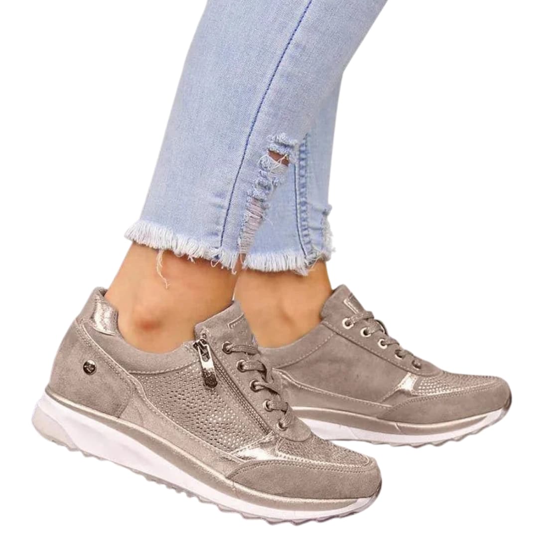 Women's white lace-up sneakers with side zipper closure, woven textile upper for all-day comfort