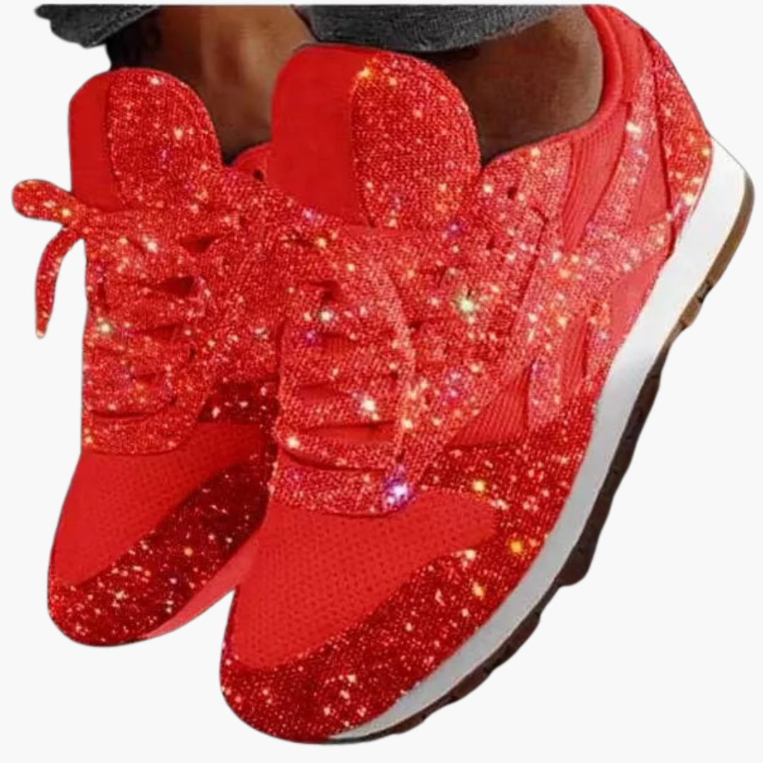Women's glitter sneakers with sparkly upper, rubber sole, flexible casual-to-evening style