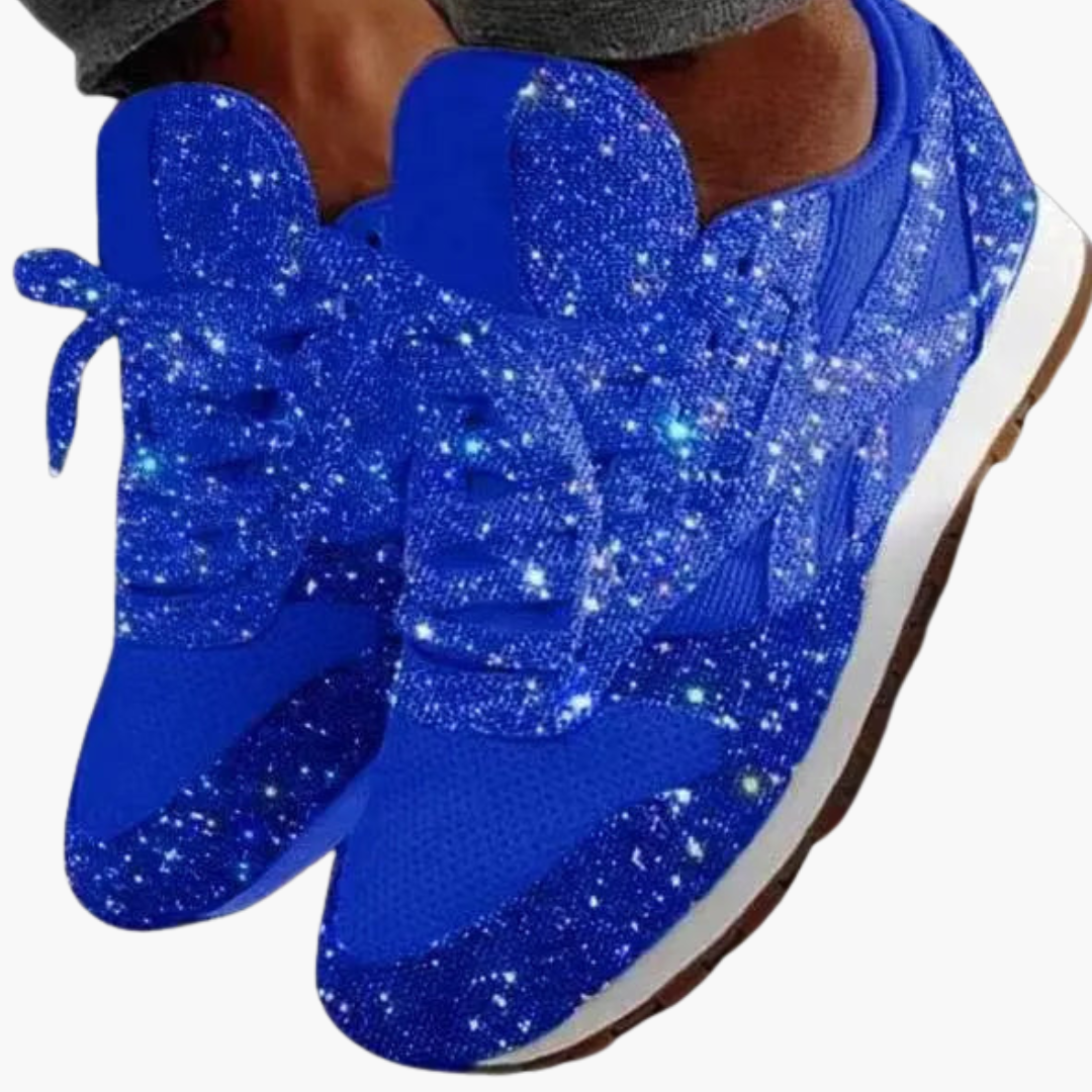 Women's glitter sneakers with sparkly upper, rubber sole, flexible casual-to-evening style