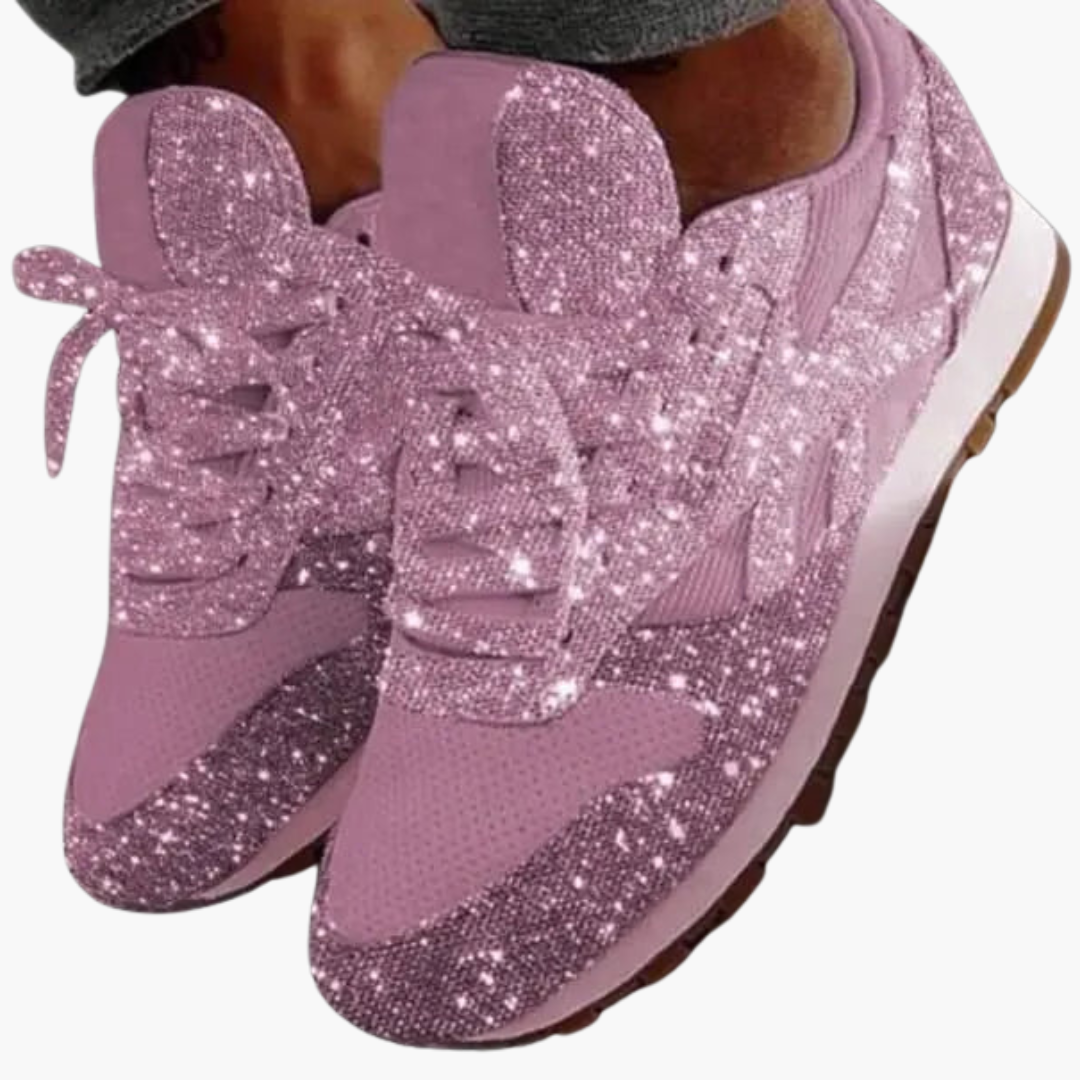 Women's glitter sneakers with sparkly upper, rubber sole, flexible casual-to-evening style