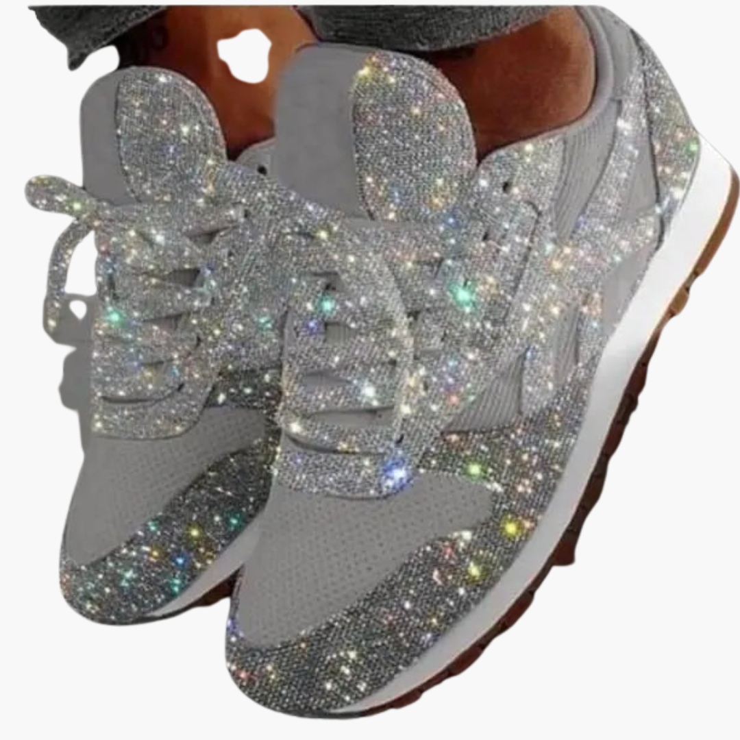 Women's glitter sneakers with sparkly upper, rubber sole, flexible casual-to-evening style