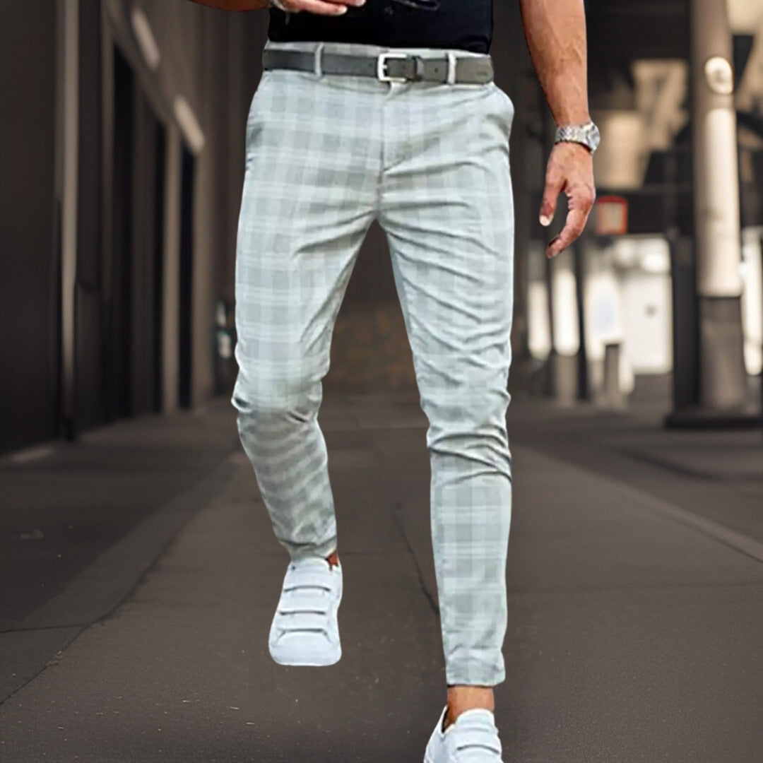 Men's slim fit checkered chinos breathable blend full-length Nordic flair tailored silhouette