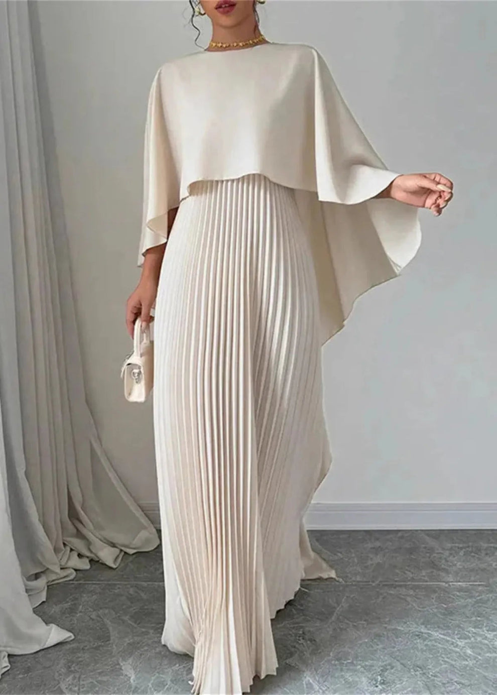 Wedding Guest Pleated Batwing Sleeve Maxi Dress With High Neckline For