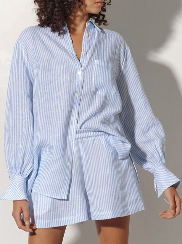 Unisex striped cotton lounge set loose long sleeve shirt and matching shorts soft breathable fabric