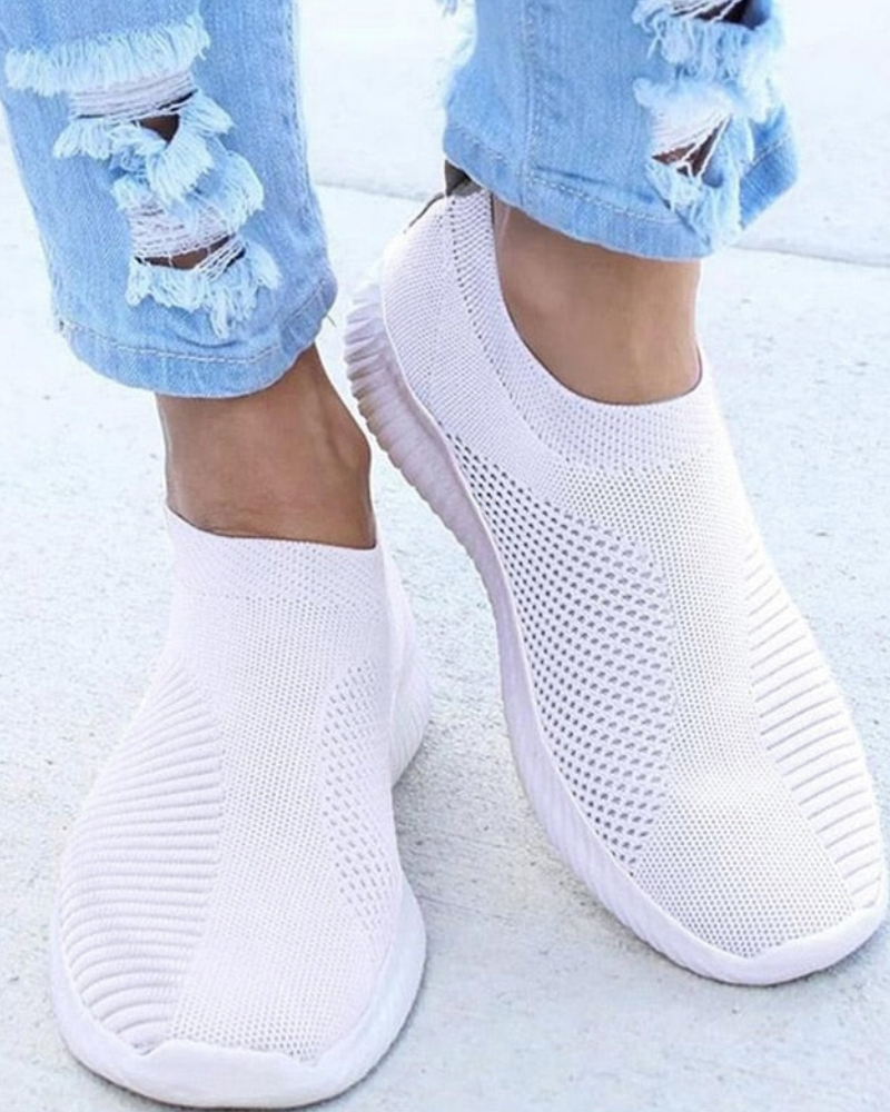 Women's gray stretch slip-on walking sneakers with air-cushion sole and elastic flexible upper