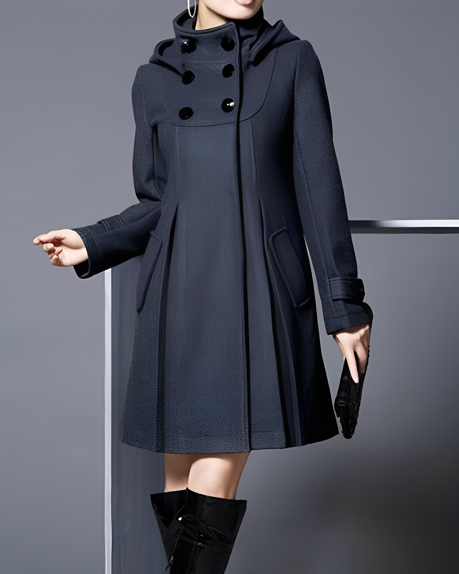 Women's elegant hooded button-down coat in classic cut with cozy hood for chic everyday style