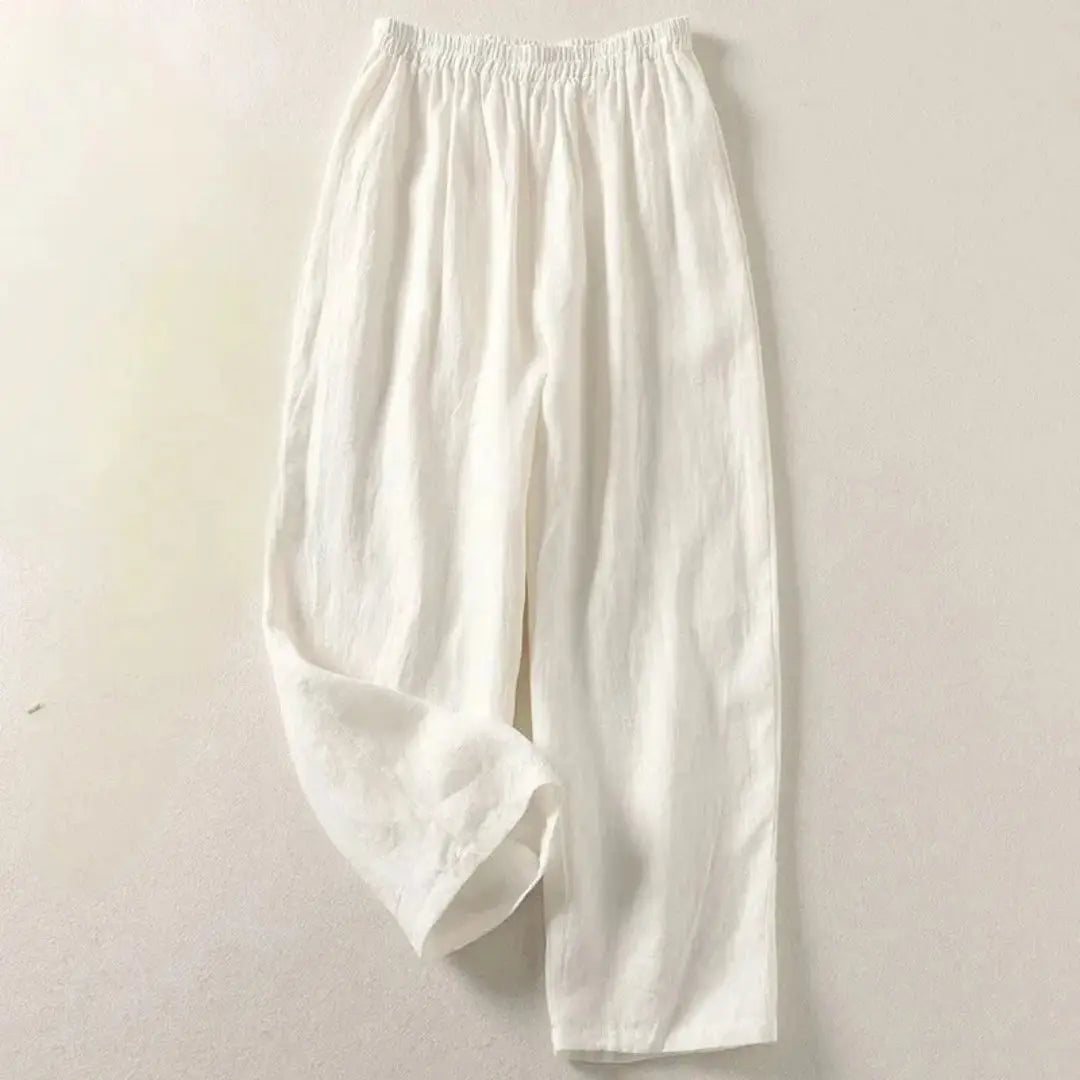 Women's lightweight linen pants beige elastic waist wide-leg cut breathable summer beach style