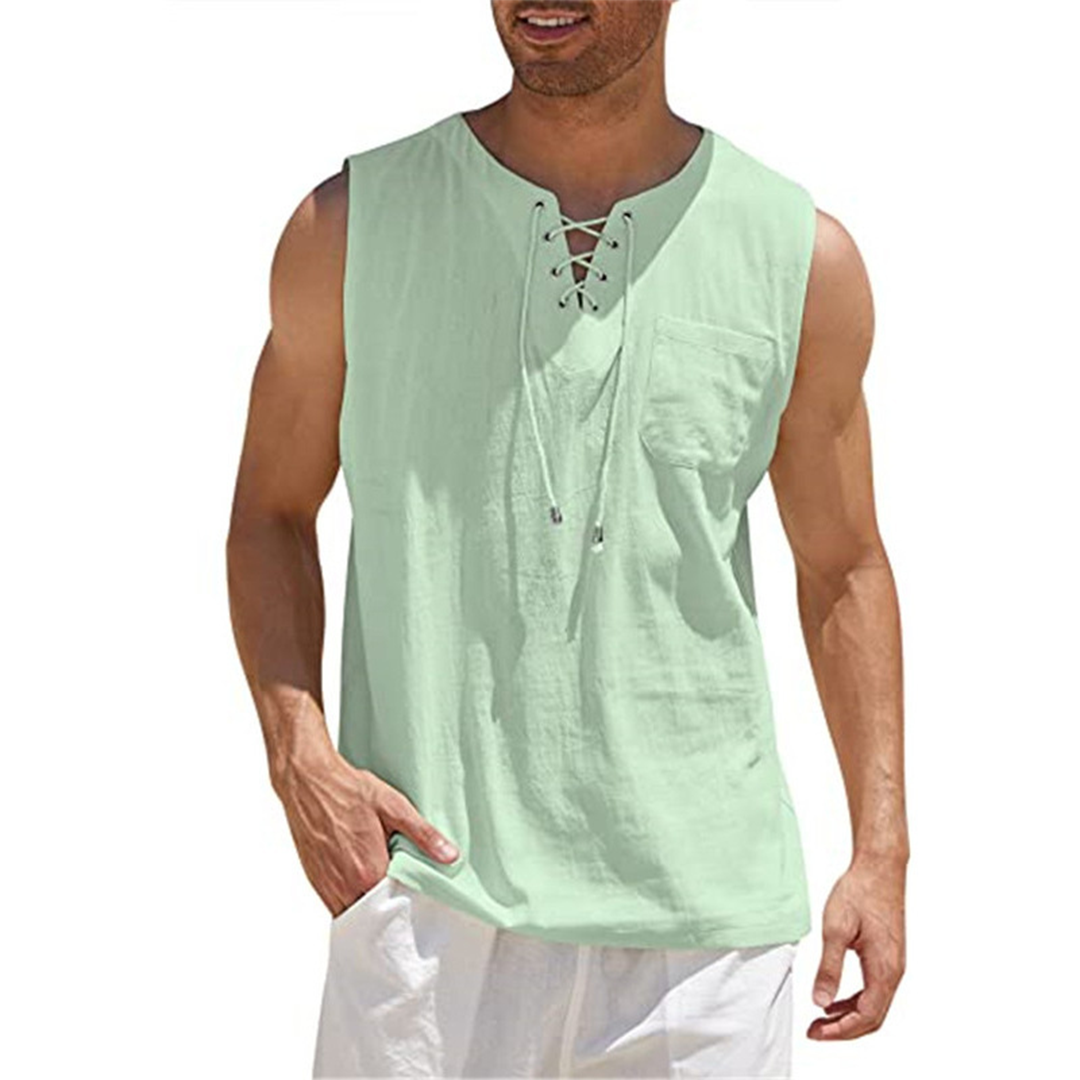Men's relaxed-fit sleeveless shirt, lace-up neckline, breathable cotton blend with chest pocket