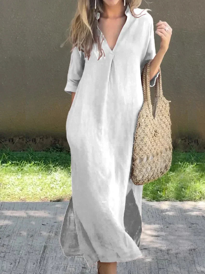 Women's long linen dress V-neck timeless elegant breathable lightweight casual-to-evening versatile silhouette