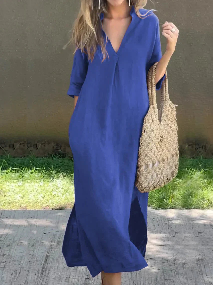 Women's long linen dress V-neck timeless elegant breathable lightweight casual to evening versatile fit