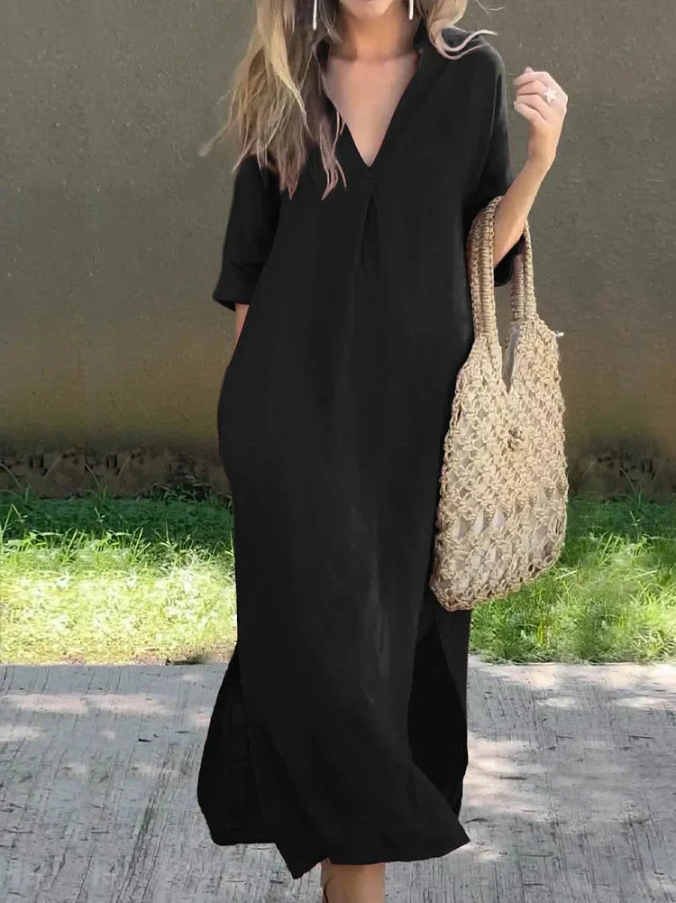 Women's long linen dress V-neck timeless elegant breathable lightweight everyday casual to evening wear