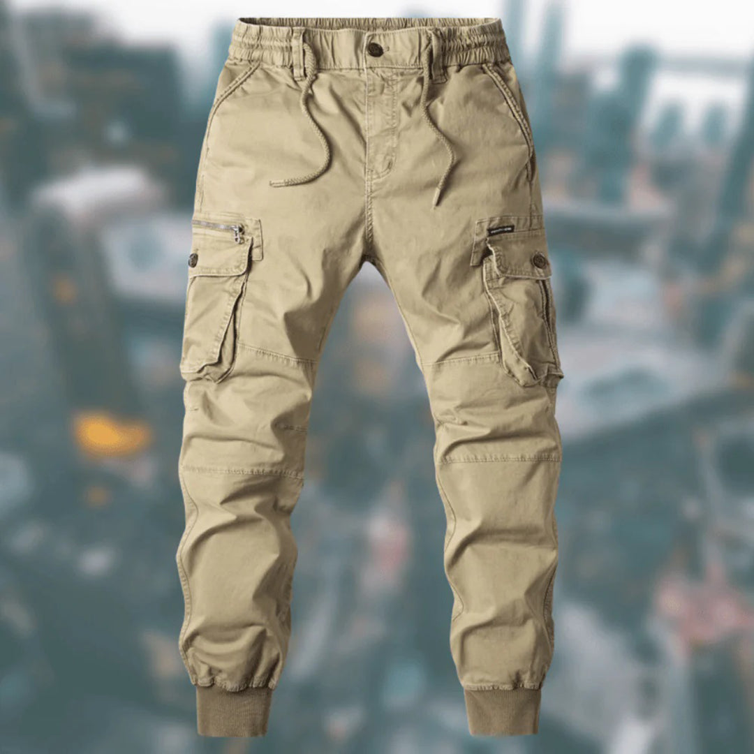 Men's relaxed-fit cargo joggers elastic waist multi-pocket cotton-blend Nordic outdoor style