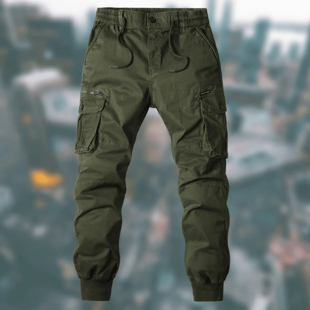 Men's relaxed-fit cargo joggers in neutral tones with elastic waist and reinforced multi-pockets