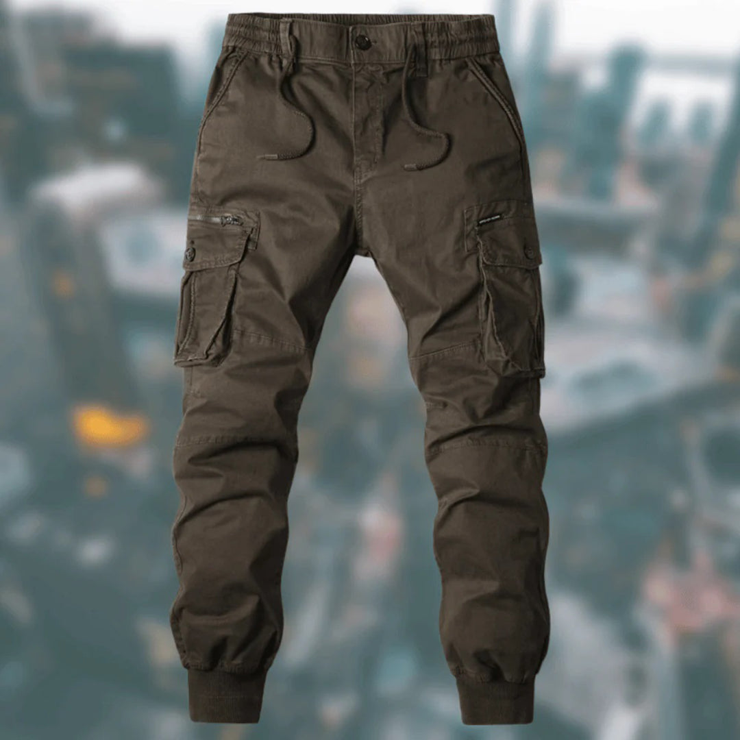 Men's relaxed-fit cargo joggers in neutral tones with elastic waist and reinforced multi-pocket design