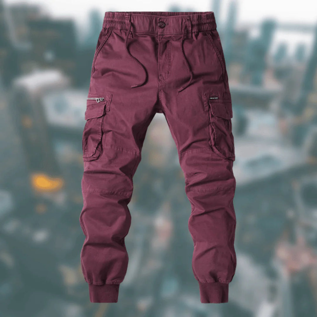 Men's relaxed-fit cargo joggers elastic waist reinforced pockets rugged cotton-blend outdoor style