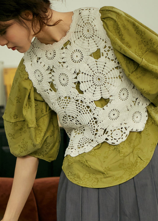 Magnifique gilet beige en coton à col rond et crochet ajouré sans manches - Urbann-Vibe