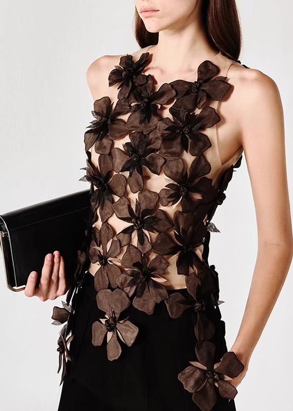 Magnifique haut en tulle noir à fleurs sans manches - Urbann-Vibe