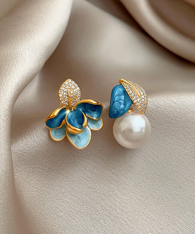 Magnifiques boucles d'oreilles à tige asymétriques en émail et zircon bleu cuivre - Urbann-Vibe