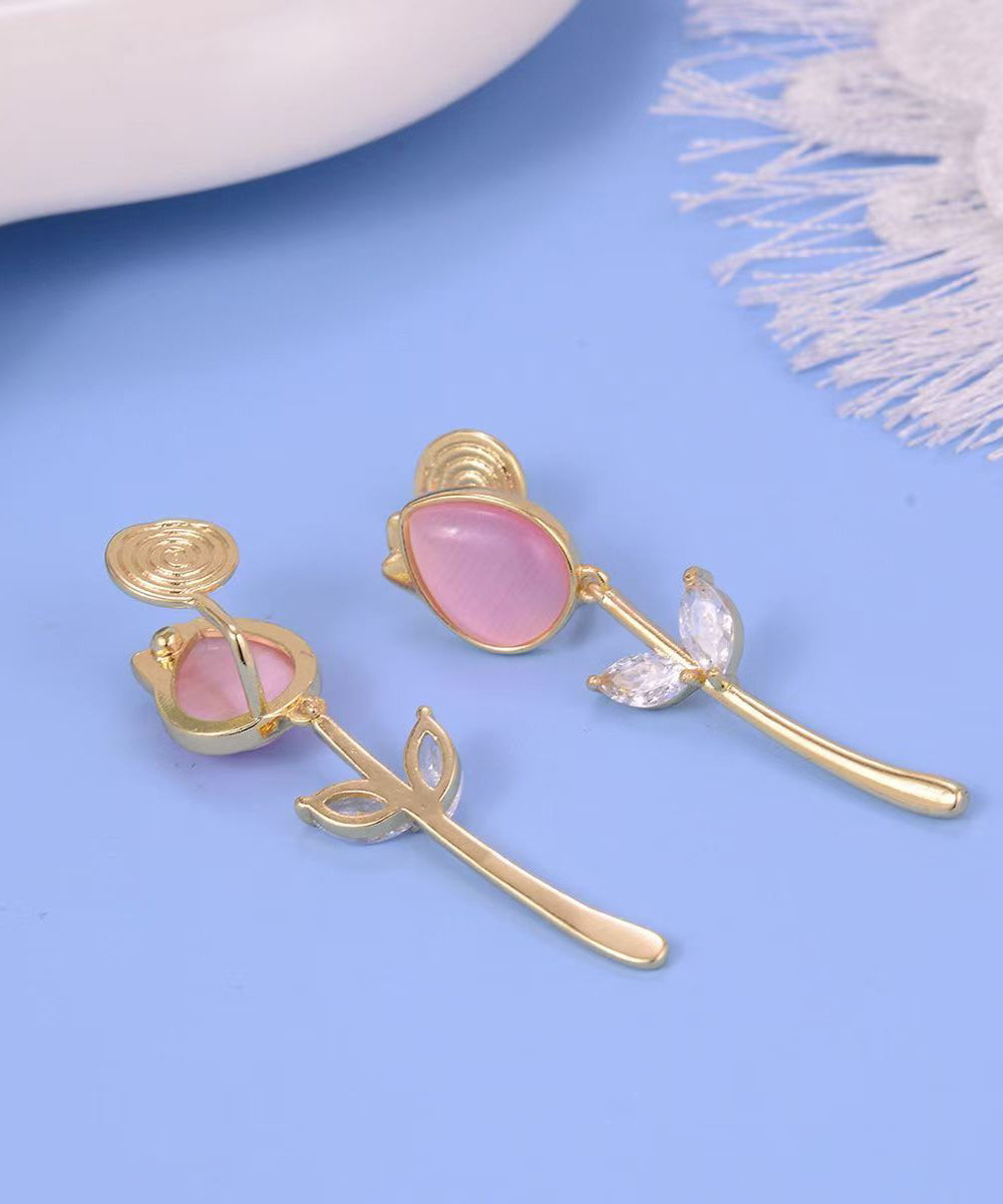 Magnifiques boucles d'oreilles pendantes tulipes en pierre œil de chat surdorée en cuivre - Urbann-Vibe
