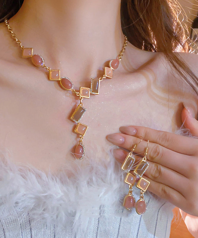 Magnifique ensemble deux pièces composé d'un collier avec pendentif à pampilles et de boucles d'oreilles pendantes en alliage de cuivre doré et zircon - Urbann-Vibe