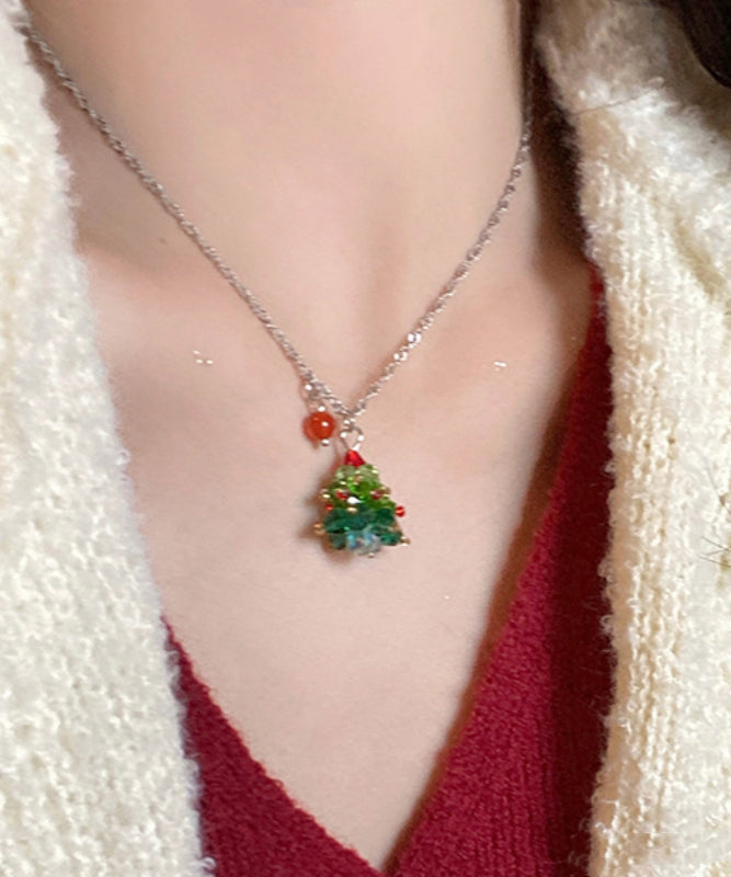 Magnifique collier avec pendentif en forme de sapin de Noël en acier inoxydable vert et cristal - Urbann-Vibe